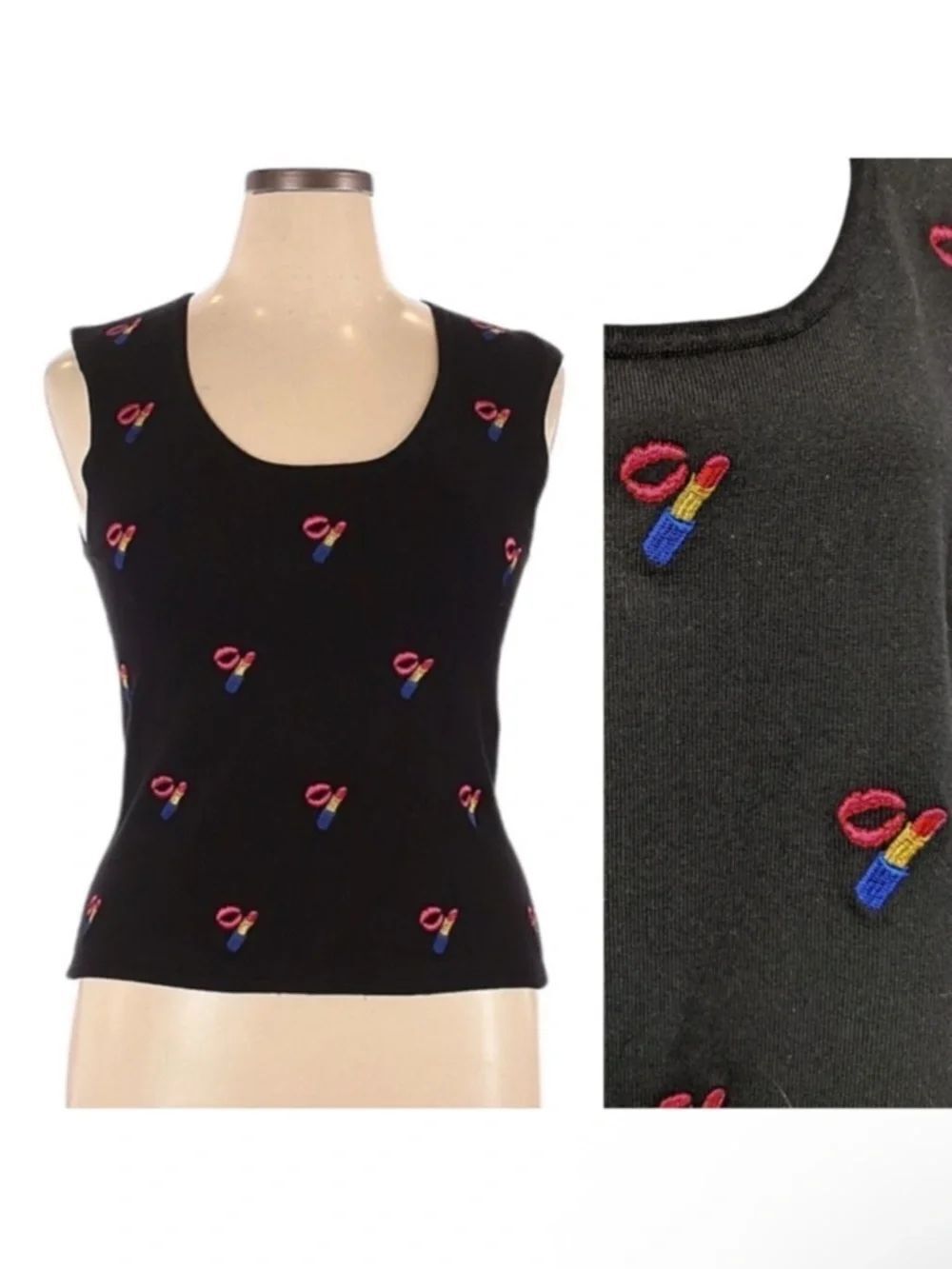 VINTAGE Erin Matthews Lipstick Lips Embroidered Sleeveless Sweater Vest XL